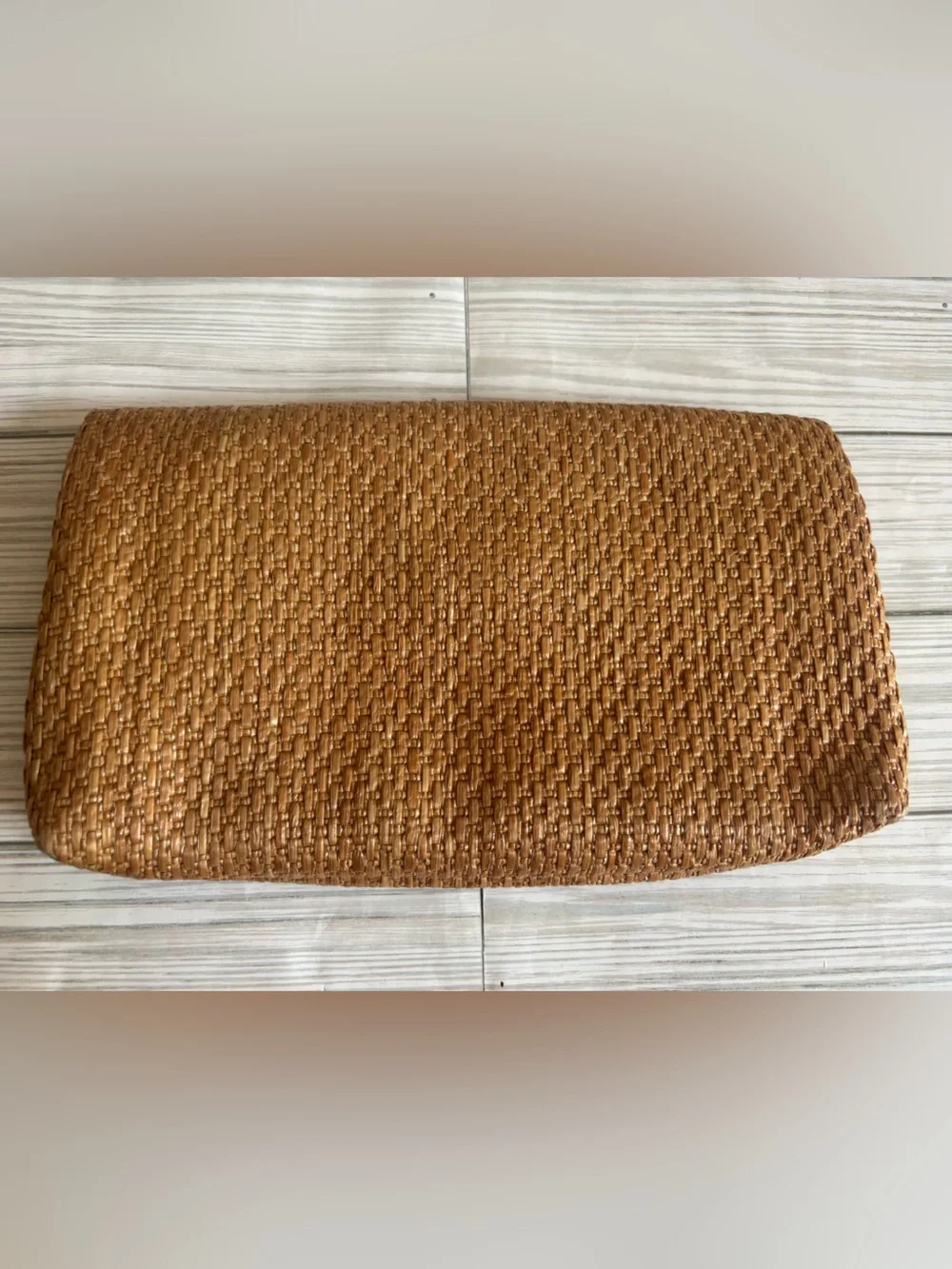J. Crew Woven Straw Clutch with Tan Leather Trim and Turnlock Closure